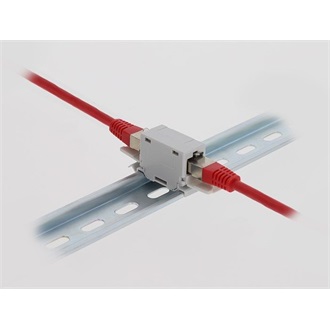 Delock RJ45 kapcsolókészülék Cat.6A anya - anya porvédő fedéllel DIN sínre történő beszereléshez, szürke színű