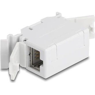 Delock RJ45 kapcsolókészülék Cat.6A anya - anya porvédő fedéllel DIN sínre történő beszereléshez, szürke színű