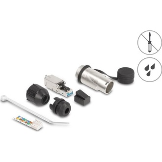 Delock RJ45 moduláris csatlakozási eszközkészlet Cat.6A robosztus kábel csatlakozási házzal és védő sapkával, IP66 por é