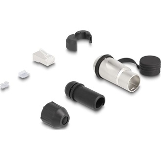 Delock RJ45 moduláris dugasz Cat.6A átvezető csatolóval és védősapkával IP66 por- és vízbiztos