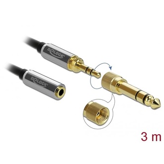 Delock Jack stereo 3,5mm (3pin) -> Jack stereo 3,5mm (3pin) M/F audio kábel hosszabbító 3m fekete 6,35mm-es adapterrel