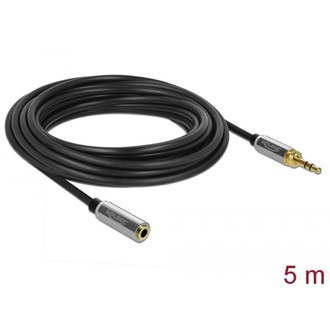 Delock Jack stereo 3,5mm (3pin) -> Jack stereo 3,5mm (3pin) M/F audio kábel hosszabbító 5m fekete 6,35mm-es adapterrel