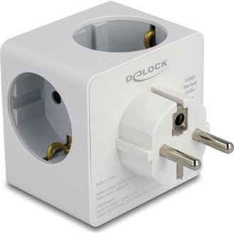 Delock Többszörös csatlakozót tartalmazó kocka, három irányú gyerekzárral és USB PD 3.0 töltővel, 20 W, fehér színben