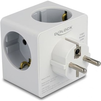 Delock Többszörös csatlakozót tartalmazó kocka, három irányú gyerekzárral és USB PD 3.0 töltővel, 20 W, fehér színben