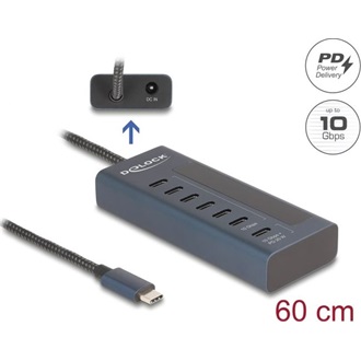 Delock USB 10 Gbps hub 7 db. USB Type-C  porttal, amelyből 6 adat csatlakoztatási felület és egy adat és 20 Watt-os PD t
