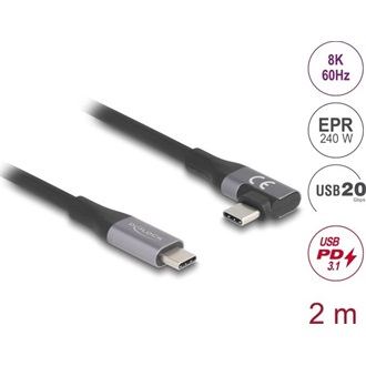 Delock USB 20 Gbps Kábel, ívelt bal / jobb, USB PD 3.1 Extended Power Range 240 W 2 m