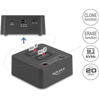 Delock USB 20 Gbps M.2 dokkoló állomás 2 db. M.2 NVMe PCIe SSD-hez klónozó és törlő funkcióval