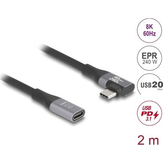 Delock USB 20 Gbps bővítőkábel, ívelt bal / jobb, USB PD 3.1 Extended Power Range 240 W 2 m