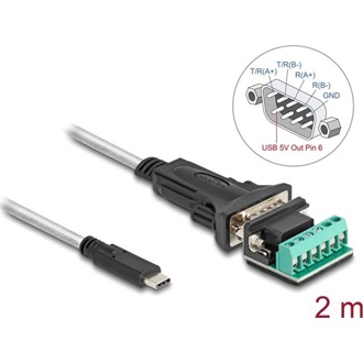 Delock USB 2.0 A-típusú adapter   1 x soros RS-422/485 apa 6 tűs terminal blockkal 5 V 2 m
