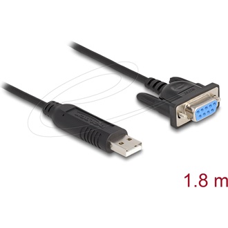 Delock USB 2.0   Soros RS-232 adapter, Sub-D 9 tűs aljzat, csavaros rögzítéssel, kompakt csatlakozóházzal, 1,8 m, FTDI c