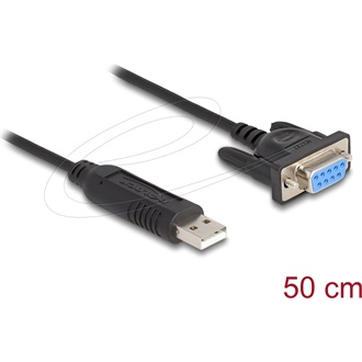 Delock USB 2.0   Soros RS-232 adapter, Sub-D 9 tűs aljzat, csavaros rögzítéssel, kompakt csatlakozóházzal, 50 cm, FTDI c