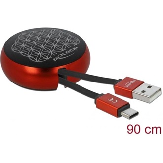 Delock USB-A 2.0 -> USB-C M/M adatkábel 0.46m fekete-piros visszahúzható