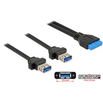 Delock USB-A 3.0 pinheader 19pin -> 2db USB-A 3.0 F/F adatkábel 0.8m fekete panel mount