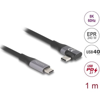 Delock USB 40 Gbps Kábel, ívelt bal / jobb, USB PD 3.1 Extended Power Range 240 W 1 m
