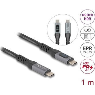 Delock USB 40 Gbps adat és gyorstöltő koax kábel 1 m hosszú, 8K 60 Hz USB PD 3.1 bővített tápszélesség 240 W