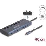Delock USB 5 Gbps hub 7 USB Type-C  porttal és kapcsolóval, melyből 6 adatport és egy adat és 20 Wattos PD port