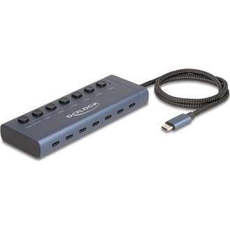 Delock USB 5 Gbps hub 7 USB Type-C  porttal és kapcsolóval, melyből 6 adatport és egy adat és 20 Wattos PD port