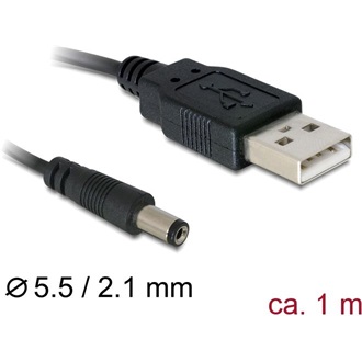 Delock USB-A 2.0 -> DC 5,5 x 2,1mm M/M tápkábel 1m fekete