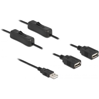 Delock USB-A 2.0 -> 2db USB-A 2.0 M/F tápkábel 1m fekete kapcsolóval