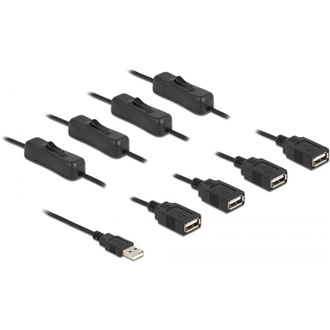 Delock USB-A 2.0 -> 4db USB-A 2.0 M/F tápkábel 1m fekete kapcsolóval