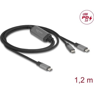 Delock USB-C  Y-kábel 1 x apa - 2 x apa PD 3.0 100 W intelligens tápelosztás 1,2 m