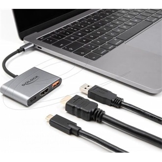 Delock USB-C / Thunderbolt -> HDMI 1.4 USB-A 3.2 Gen2 USB-C M/F adapter 0.1m szürke