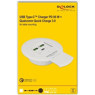 Delock USB Type-C tölto PD 85 W + Qualcomm Quick Charge 3.0 asztali rögzítésre