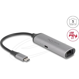 Delock USB Type-C  hálózati adapter 5 Gigabit LAN 1 x RJ45 tápszolgáltatóval PD 3.1 140 watt