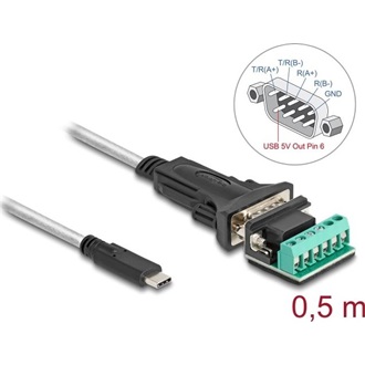 Delock USB Type-C -típusú adapter   1 x soros RS-422/485 apa 6 tűs terminal blockkal 5 V 0,5 m