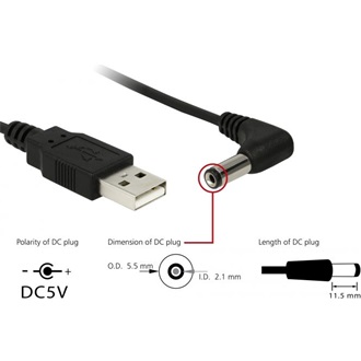 Delock USB-A 2.0 -> DC 5,5 x 2,1mm M/M tápkábel 1.5m fekete 90°