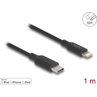 Delock Vékony, adat és töltő kábel USB Type-C  - Lightning  iPhone , iPad , iPod  eszközökhöz, fekete 1 m Mfi