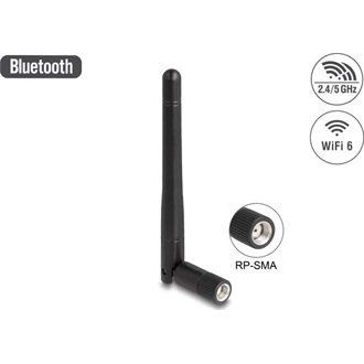 Delock WLAN 802.11 ac/ax/a/b/g/n antenna RP-SMA-dugó 2 dBi mindenirányú, dönthető csatlakozással (fekete színű)