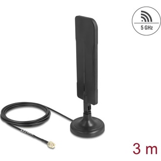 Delock WiFi 5,8 GHz-es antenna RP-SMA-dugó 3 dBi mindenirányú RG-174 csatlakozó kábellel 3 m, billenőcsuklóval és mágnes