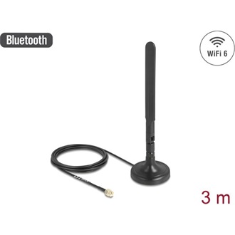 Delock WiFi 6-es antenna RP-SMA-dugó 3 dBi mindenirányú RG-174 csatlakozó kábellel 3 m, billenőcsuklóval és mágneses ala