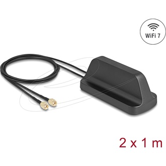 Delock WiFi 7 antenna 2 x RP-SMA-dugó 2,4 - 4,0 dBi irányítatlan, mágneses talppal és csatlakozókábellel ULA100 1 m, kül