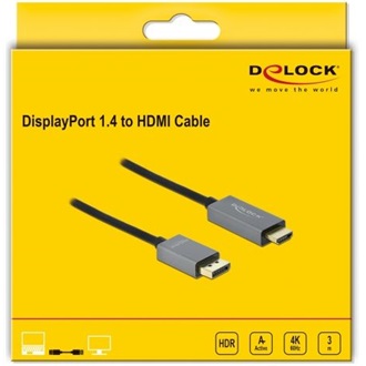 Delock DisplayPort 1.4 -> HDMI 2.0 M/M aktív video kábel 3m szürke-fekete HDR