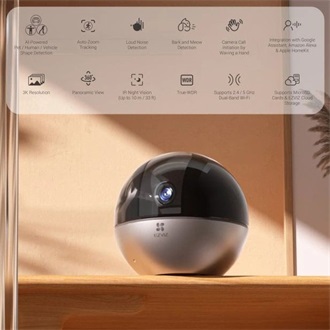 EZVIZ E6 3K beltéri kamera, 360° panorámakép, Apple Home Kit kompatibilis AI alapú emeber/ állat érzékelés, kamera hívás