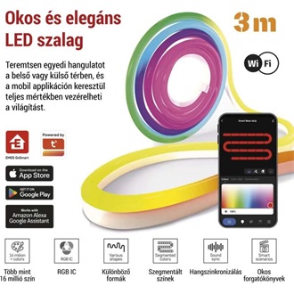 Emos GoSmart NEON fehér, 3 m, 24 W, RGBIC dimmelhető, WiFi LED szalag