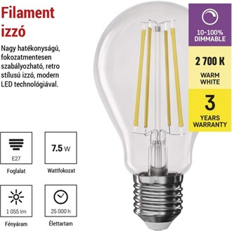 Emos ZF5154D  E27/7,5W (75W)/1 055 lm/meleg fehér/dimmelhető Filament A60 LED izzó