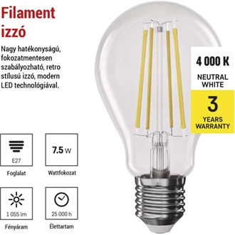 Emos ZF5254D  E27/7,5W (75W)/1 055 lm/természetes fehér/dimmelhető Filament A60 LED izzó