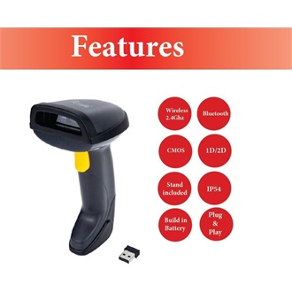 Equip Asztali Vonalkód olvasó - 351029 (2D, állványal, vezeték nélküli: 2,4 Ghz+Bluetooth, fekete)