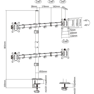 Equip Monitor Asztali konzol - 650159 (13"-27", 4 monitor, dönthető, forgatható, állítható magasság, Max.:4x9kg, fekete)