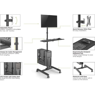 Equip Single Monitor Mobile Workstation 17"-32" monitor számítógép gurulós tartó állvány fekete
