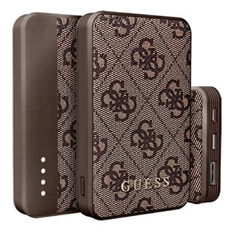 GUESS 4G LEATHER METAL LOGO vésztöltő USB+Type-C aljzat 5000mAh, gyorstöltő, BARNA
