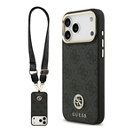 GUESS 4G STRASS LOGO & BIG STRAP METAL BUTTONS szilikon telefonvédő bőr hatású hátlap, MagSafe + vállpánt, FEKETE