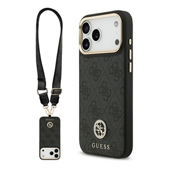 GUESS 4G STRASS LOGO & BIG STRAP METAL BUTTONS szilikon telefonvédő bőr hatású hátlap, MagSafe + vállpánt, FEKETE