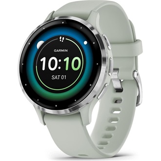 Garmin Venu 3S zsálya, ezüst kerettel, szilikon szíjjal okosóra