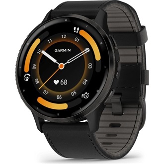 Garmin Venu 3 fekete, fekete kerettel, bőr és szilikon szíjjal okosóra
