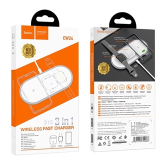 HOCO CW24 hálózati töltő állomás, 3in1 gyorstöltő, wireless, Apple AirPods 1-2 készülékhez FEHÉR