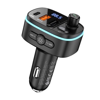 HOCO E62 bluetooth FM transmitter autós töltő 2 USB+Type-C aljzat (v5.0, 20W, PD gyorstöltő, LED kijelző) FEKETE